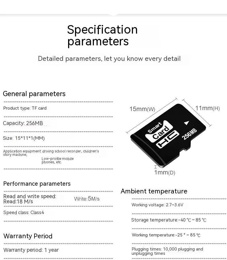 256MB TF format memory card with 11x15x1mm dimensions for portable devices