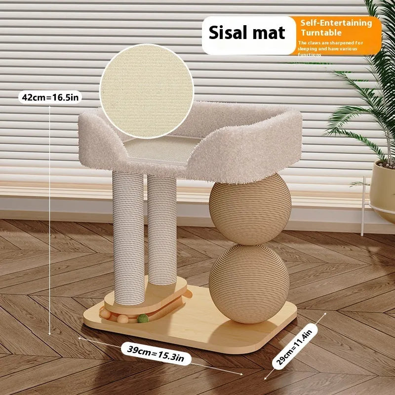 Pine wood cat nest with a central grasping ball for scratching, shown in a simple style.
