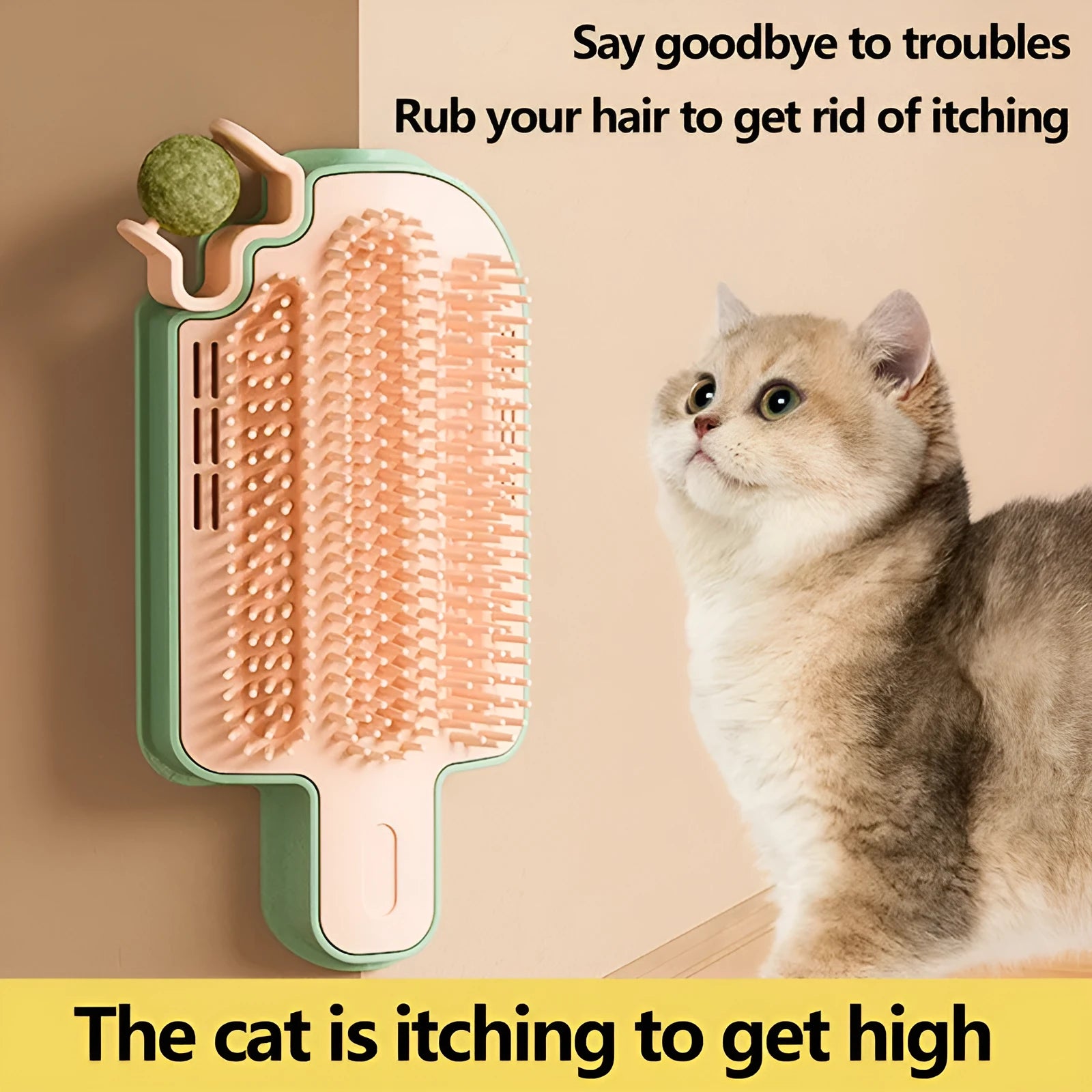 Ice cream shaped white cat rubbing toy with green mint ball and orange feather attachments