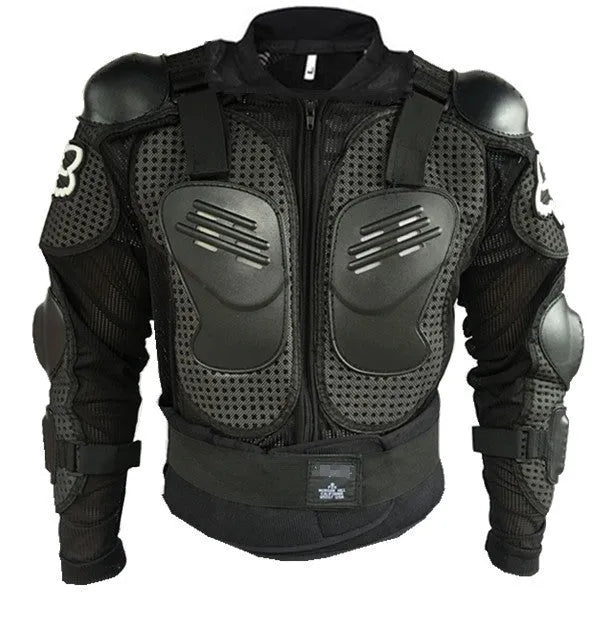 Black plastic motorcycle fall protection armour jacket for riders on white background
