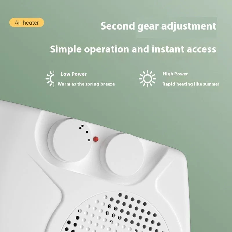 White compact desktop electric heater showing front grille and control buttons