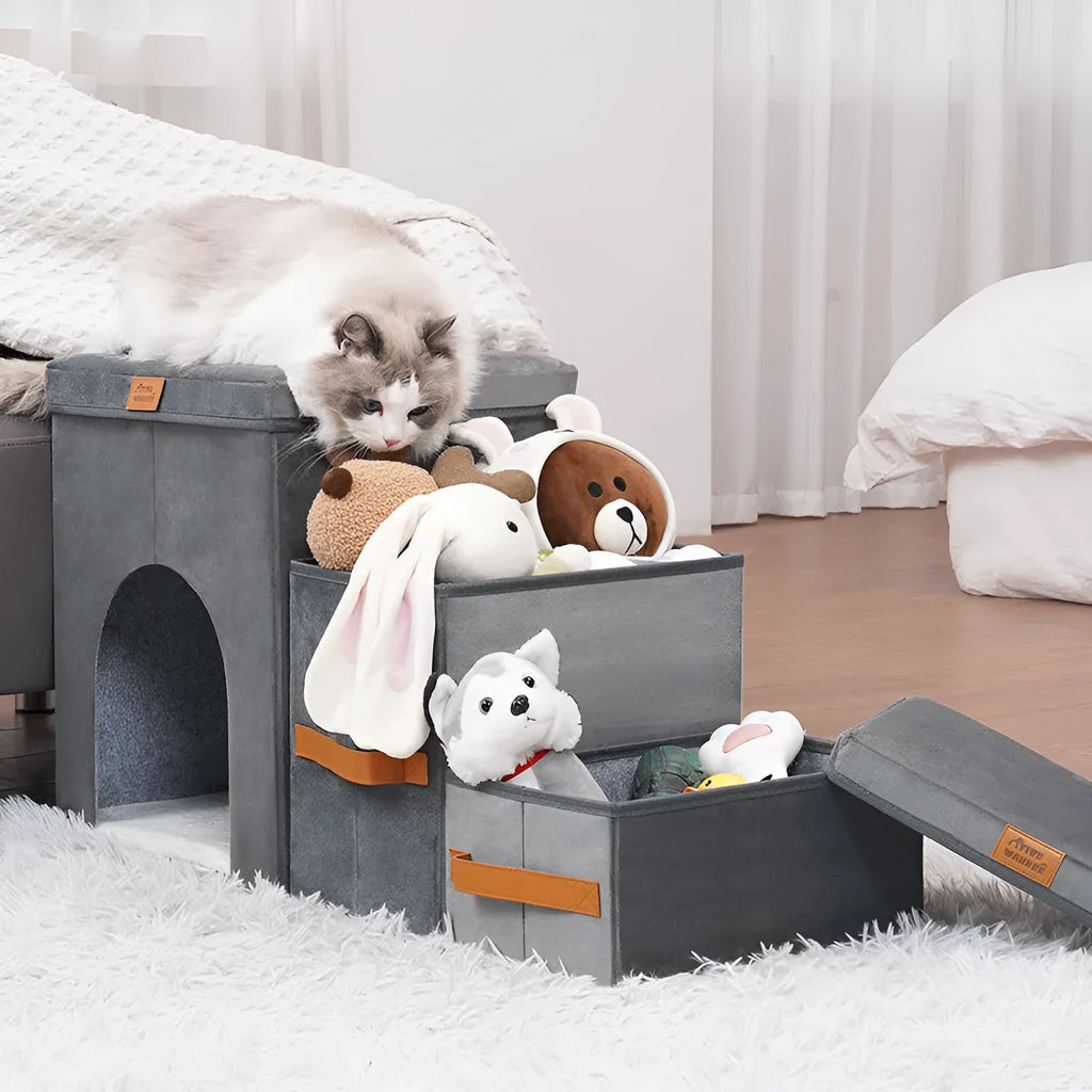 Grey foldable cloth pet storage stairs with dog climbing up 2-step Velcro design
