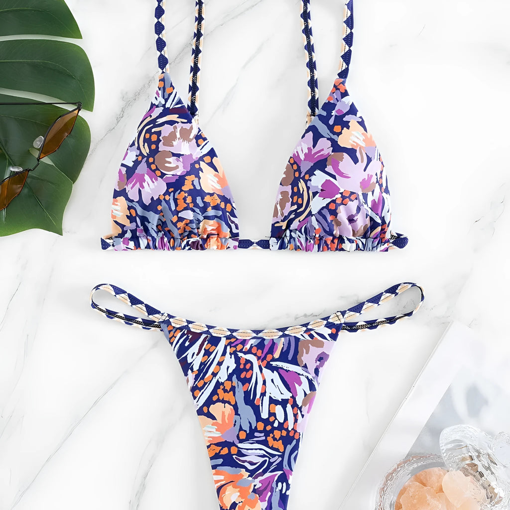 Women's floral print triangle bag swimsuit with briefs lining in polyester fabric
