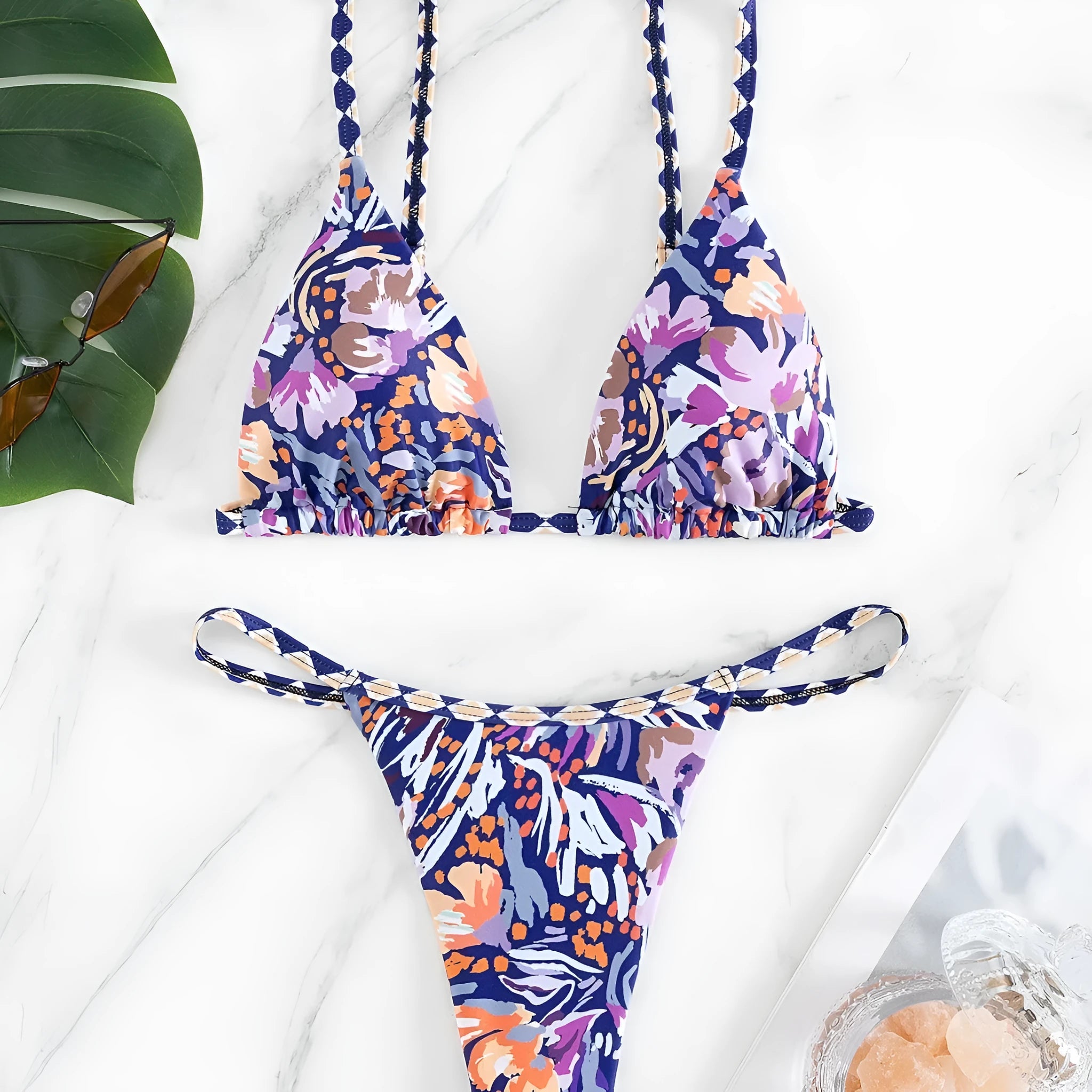 Women's floral print triangle bag swimsuit with briefs lining in polyester fabric