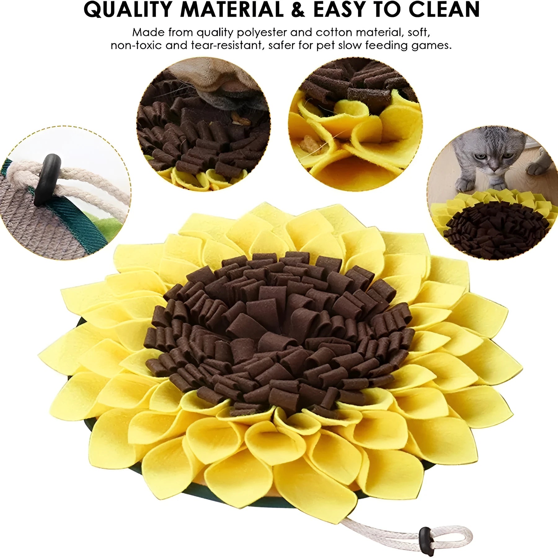 Yellow sunflower-shaped dog snuffle mat measuring 37.5cm with rope and buckle anti-slip design