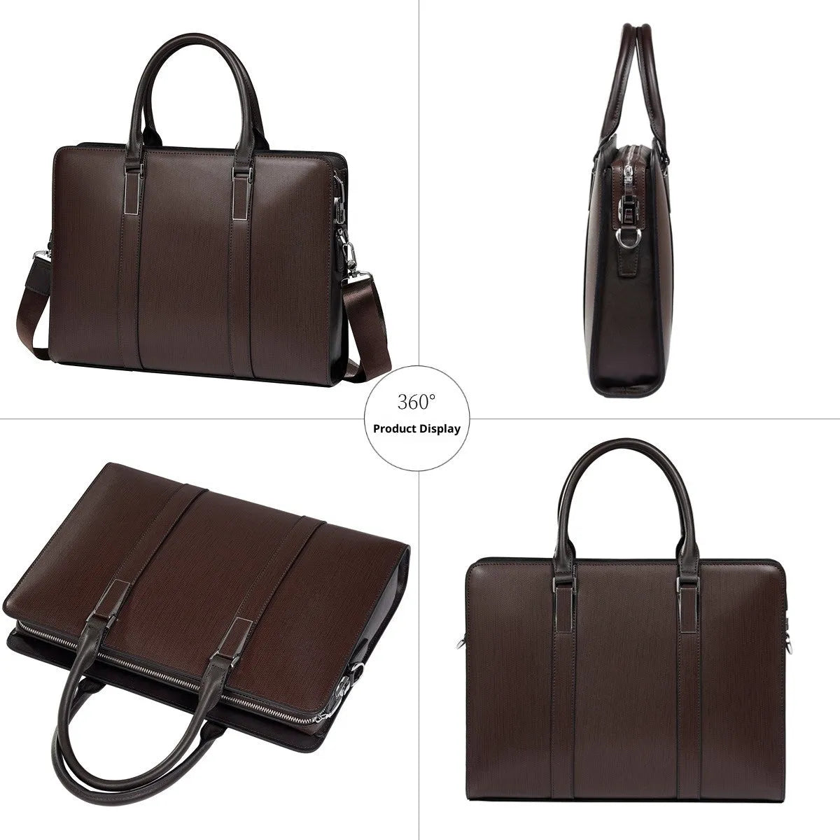 Men's cowhide leather business handbag in black or brown with stitching, plaid and lock details