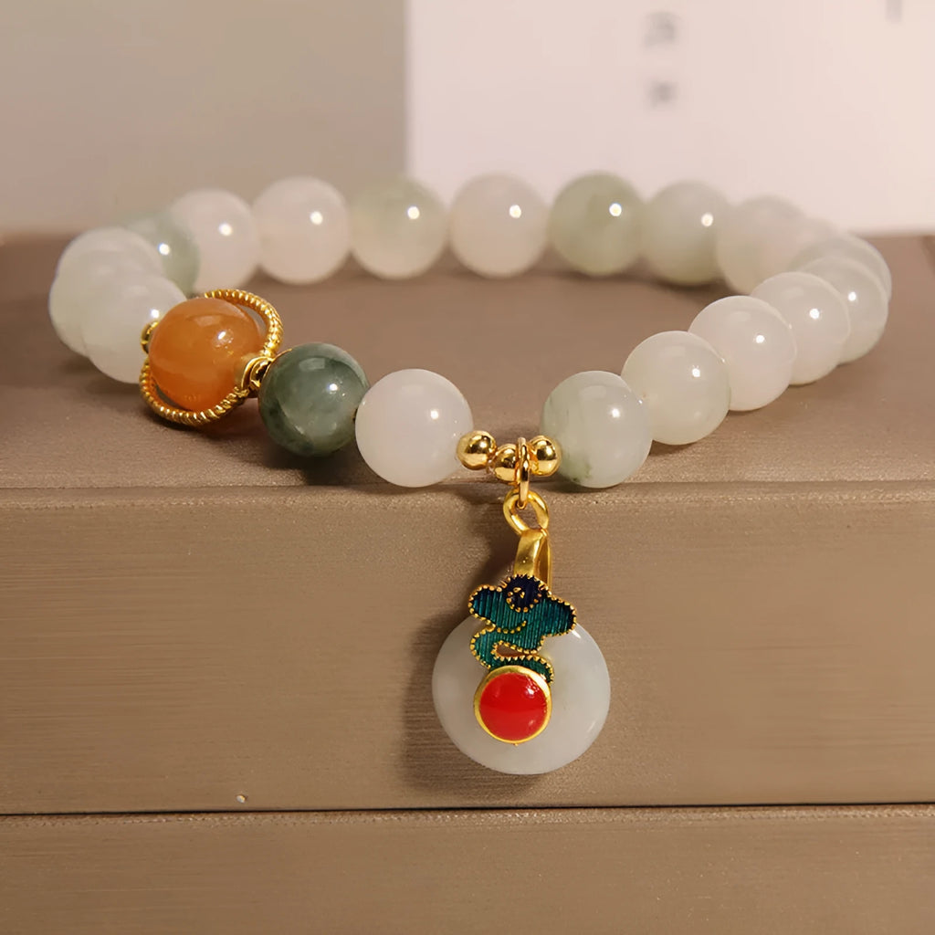 Translucent green ice jade bracelet with Xiangyun peace buckle and pearl decorative elements