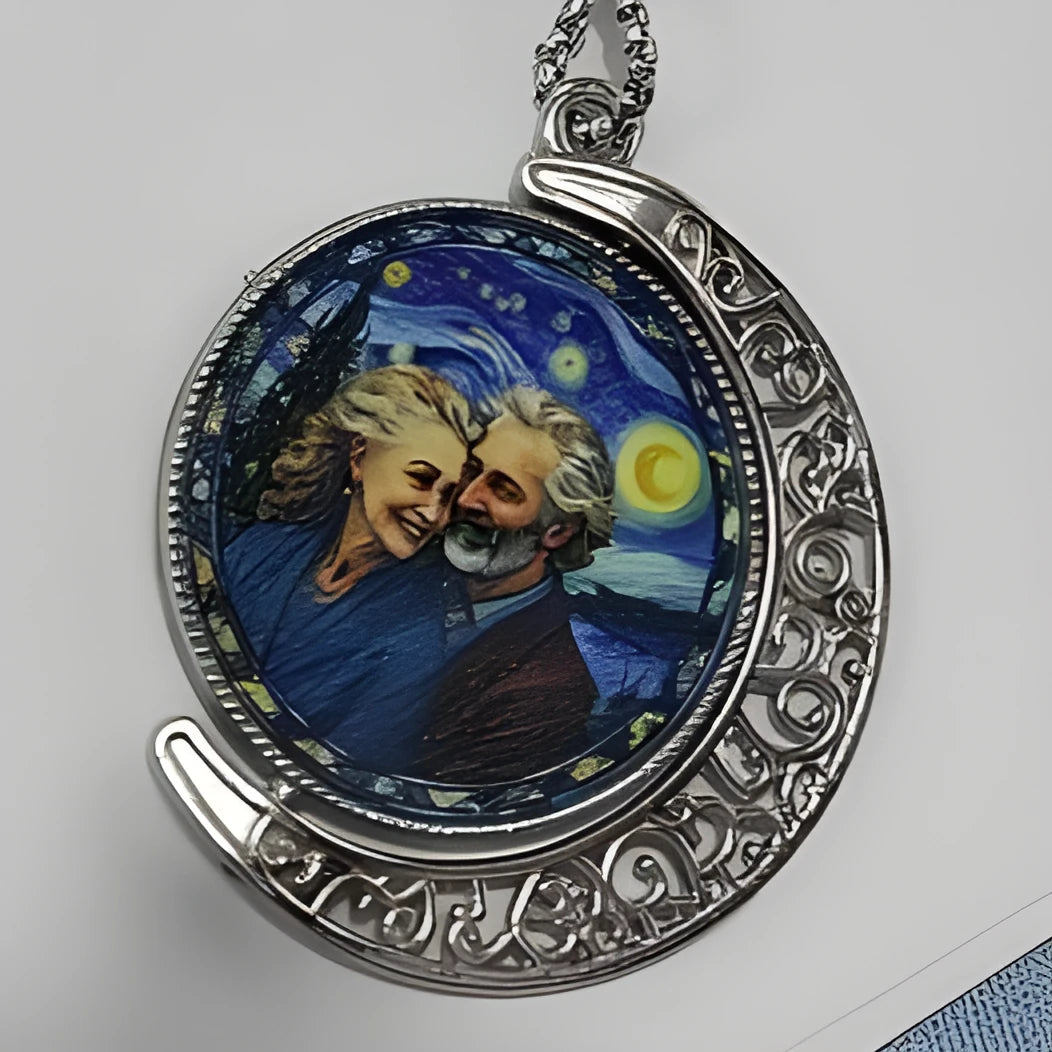 Customized moon necklace in zinc alloy with double-sided printing, shown in Large and Small size options
