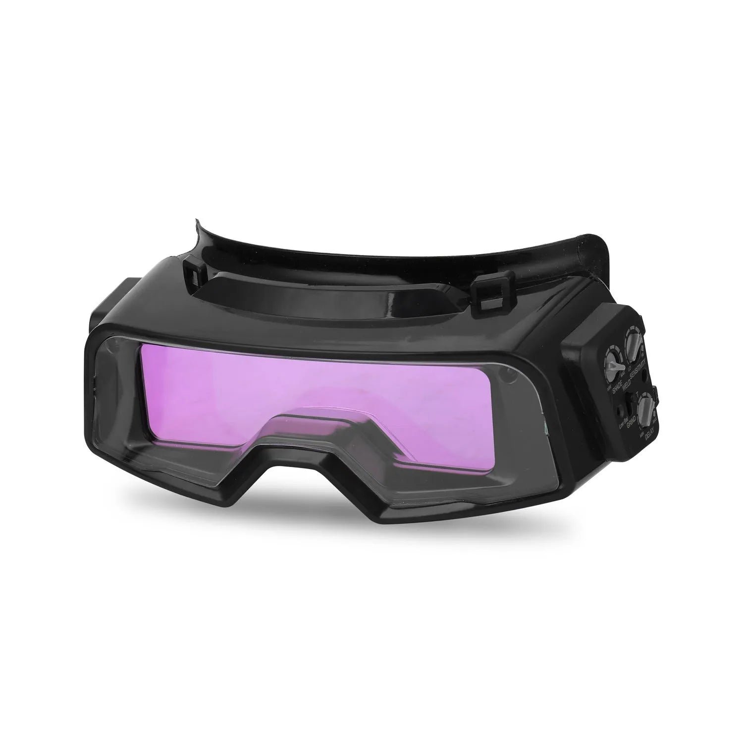 Black automatic darkening welding mask with wide rectangular lens and headband.