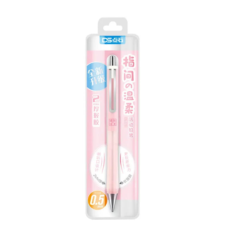 Plastic soft grip mechanical pencil with 0.5mm lead and free-cutting mechanism on card pack