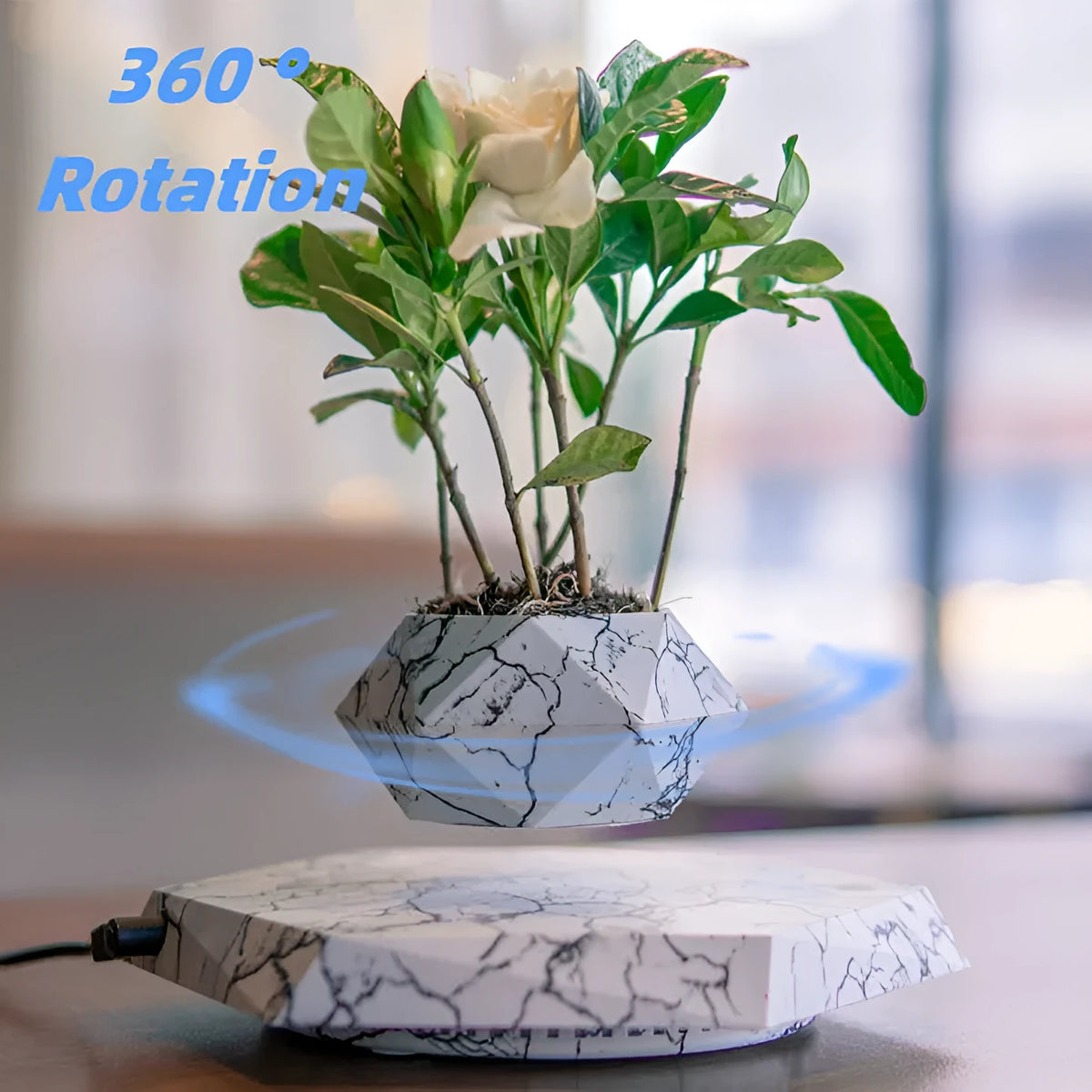Small marble-colour levitating plant pot floating above its magnetic base on a desk.