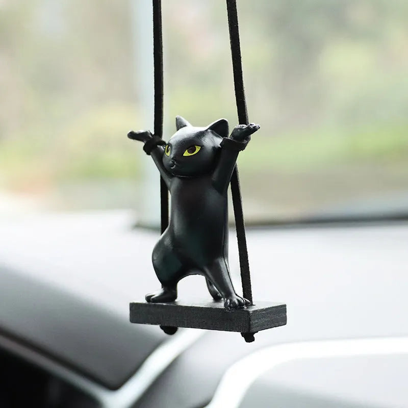 Cartoon-style resin cat pendant for car interior decoration with an adjustable rope, shown in black colour