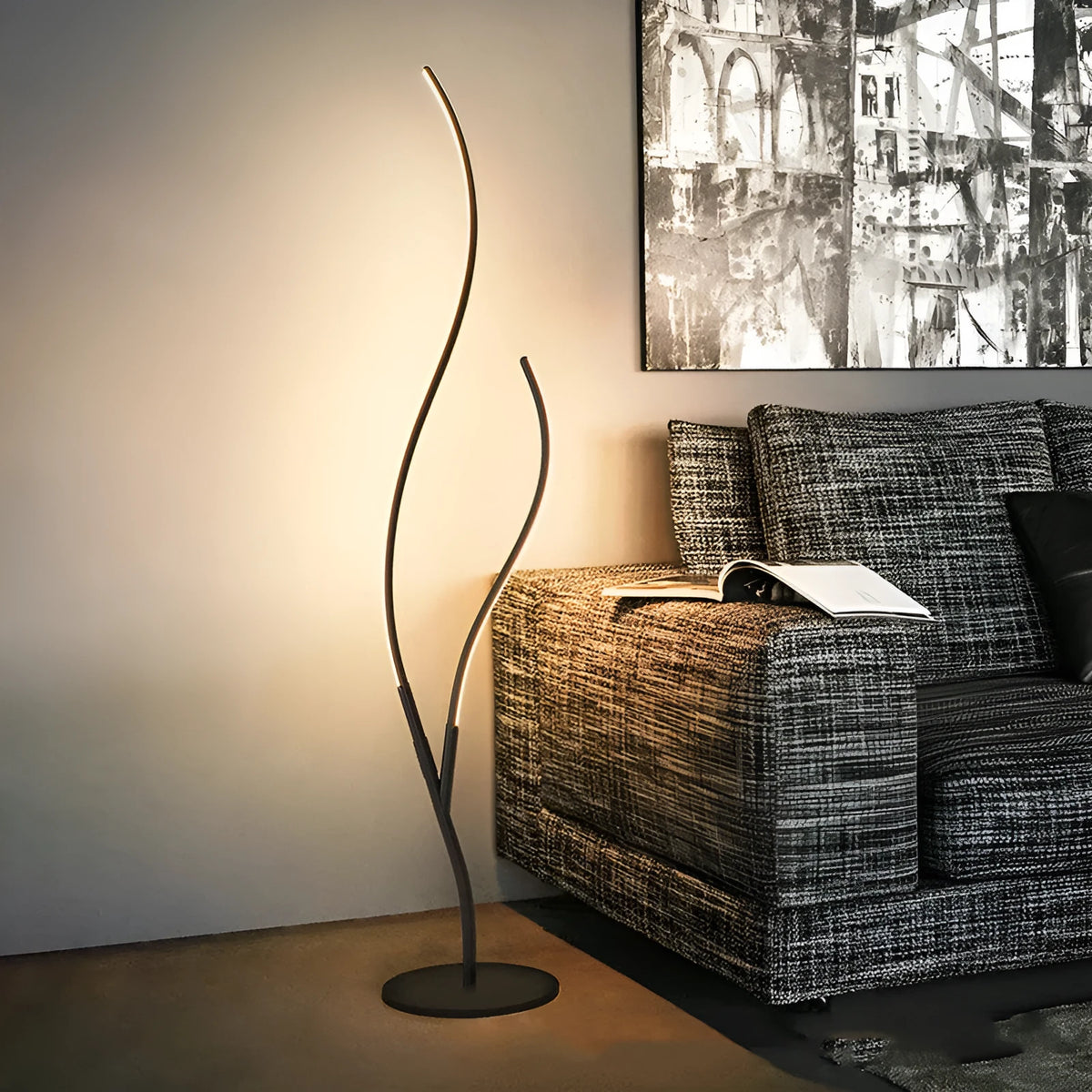 Twig-style LED floor lamp with silicone shade and aluminium alloy body, D1900 x H1400 mm, black or white