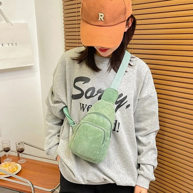 Flannel cross-body shoulder chest bag in green, brown, black or beige with phone pocket and three-dimensional outer pocket.