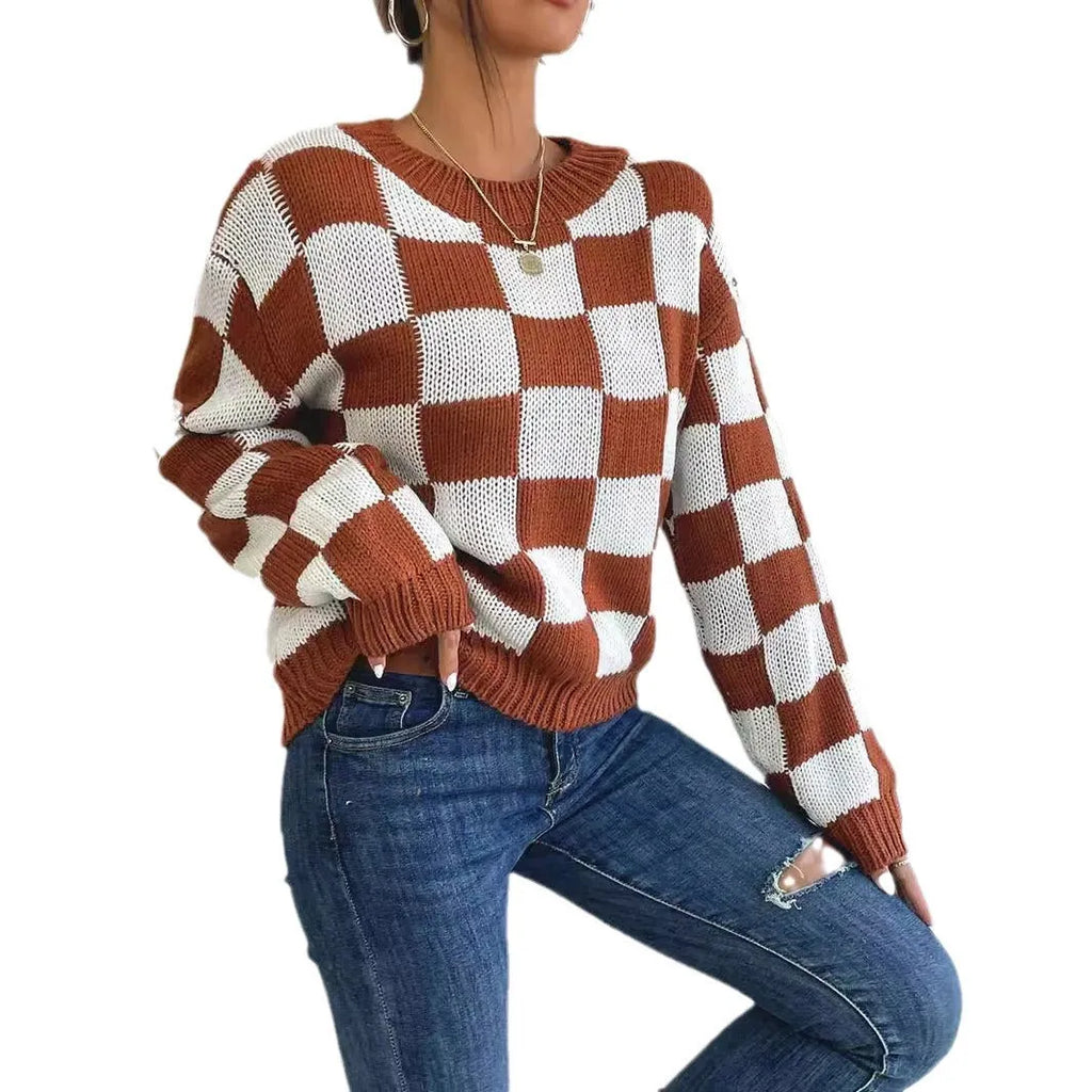 Dark brown plaid acrylic pullover sweater with loose fit and round neck