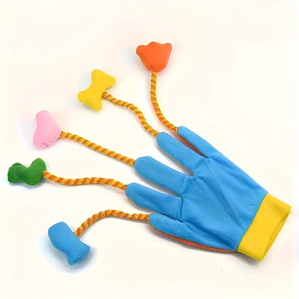 Yellow and blue plush glove cat toy with integrated bell, shown with dimensions 40cm by 11cm