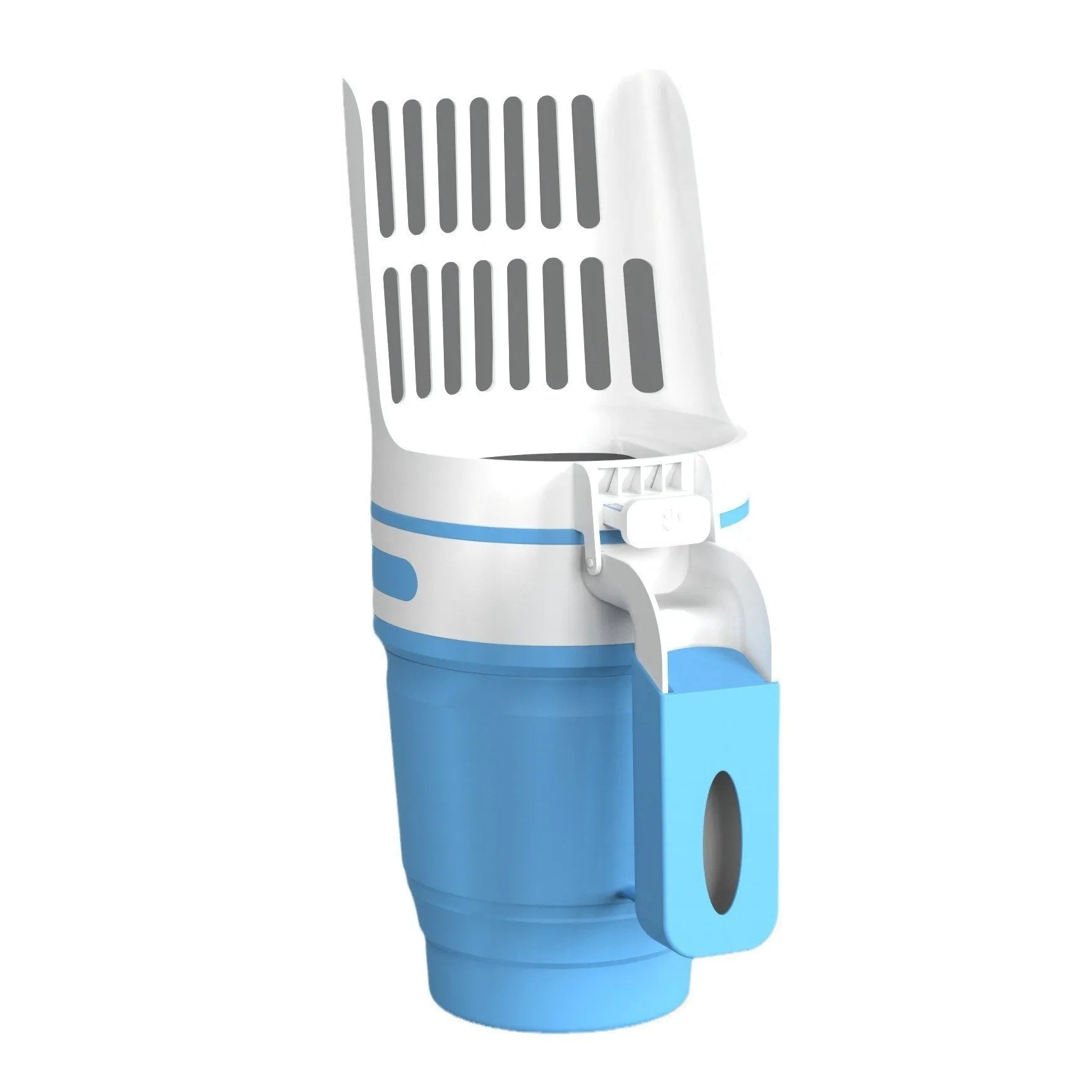 Grey foldable cat litter scoop and bin system with refill bags on a white background.