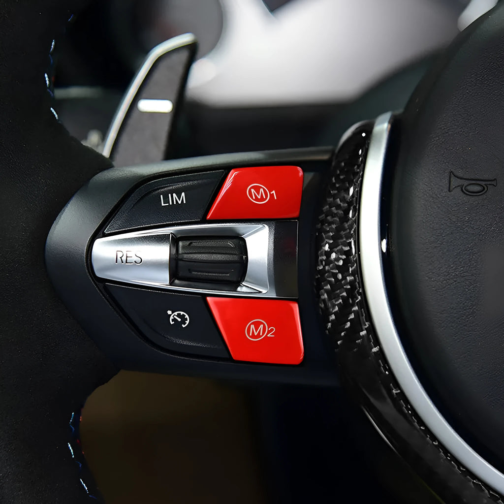 A pair of red M1 and M2 buttons for BMW F30 F34 steering wheel modification