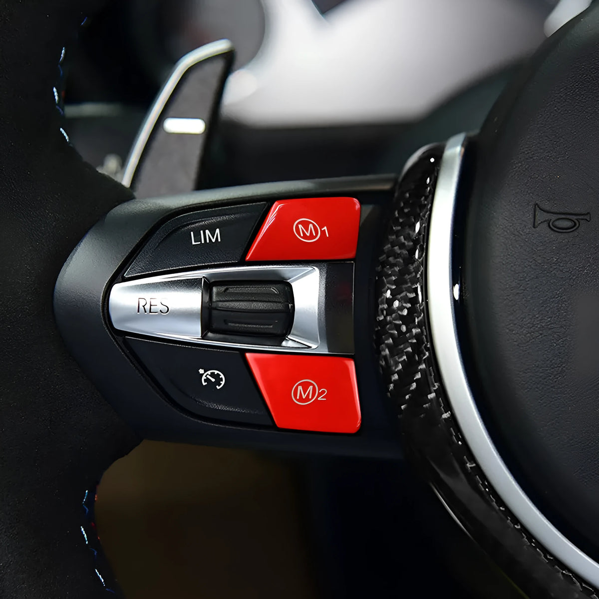 A pair of red M1 and M2 buttons for BMW F30 F34 steering wheel modification