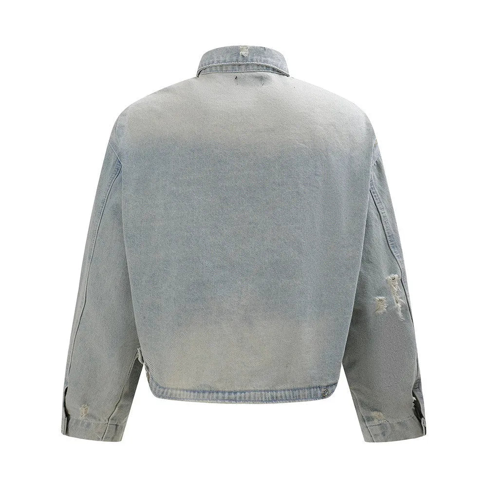 Punk worn out denim jacket in light blue for men, loose fit with long sleeves and straight hem
