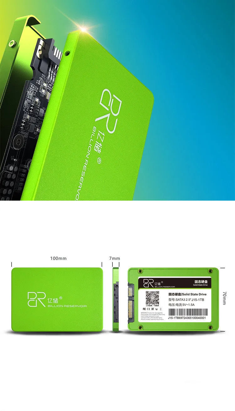 Black plastic SATA3.0 solid state drive measuring 100mm by 70mm