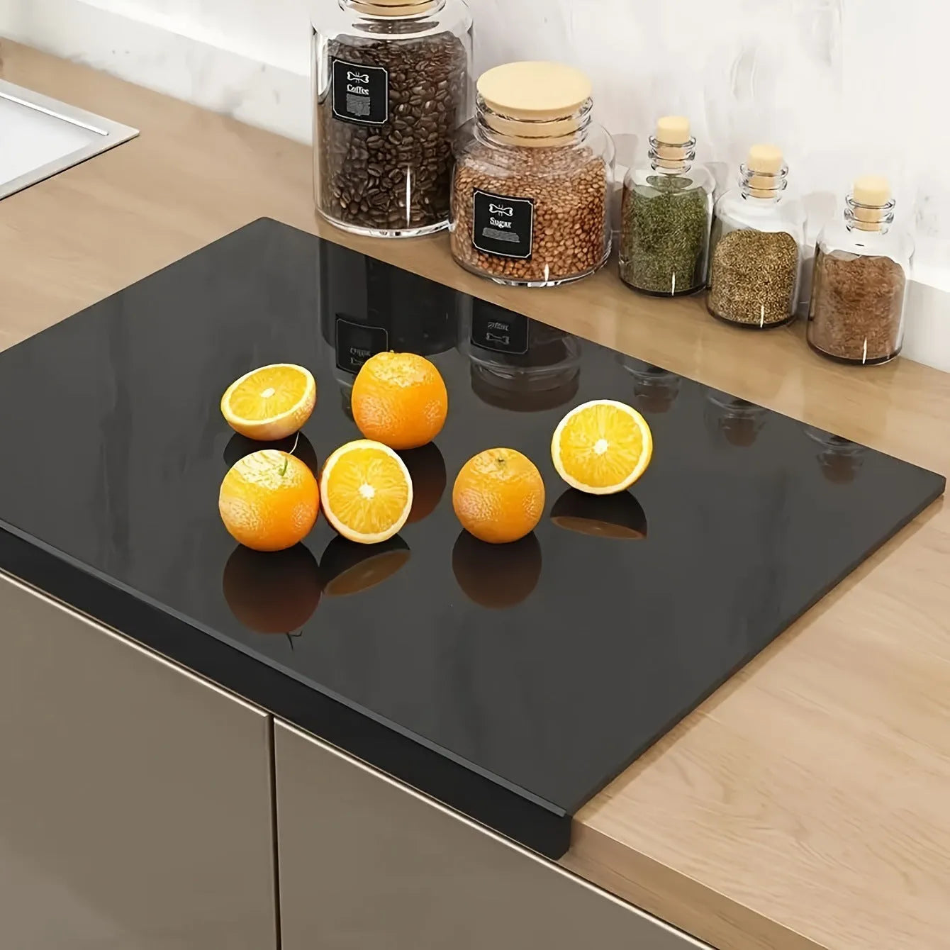 Black transparent acrylic chopping board in three sizes 30x20cm 40x30cm 45x32cm on kitchen counter
