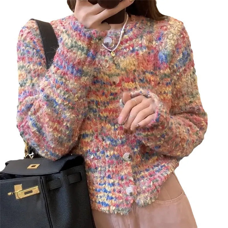 Retro rainbow patterned knitted cardigan sweater in green or pink ice cream colours with slim fit design