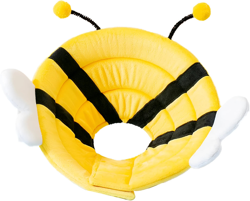 Soft cat cone collar with bee design showing Velcro closure and wide protective shape