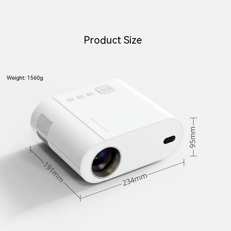 White T07 Full HD Smart Projector with remote control on a table