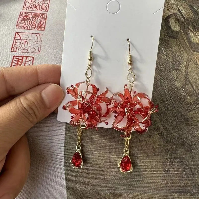Red Spider Lily Manjushage women's earrings in red, gold, or red+gold resin floral design