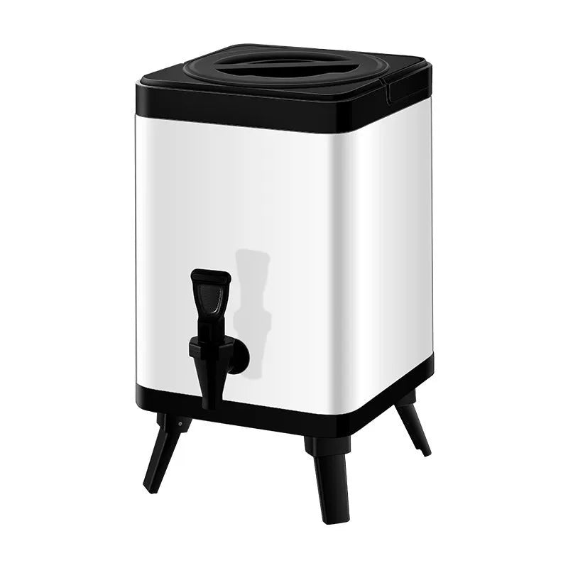 Silver stainless steel milk tea bucket with square lock lid, 8-litre capacity for commercial use.