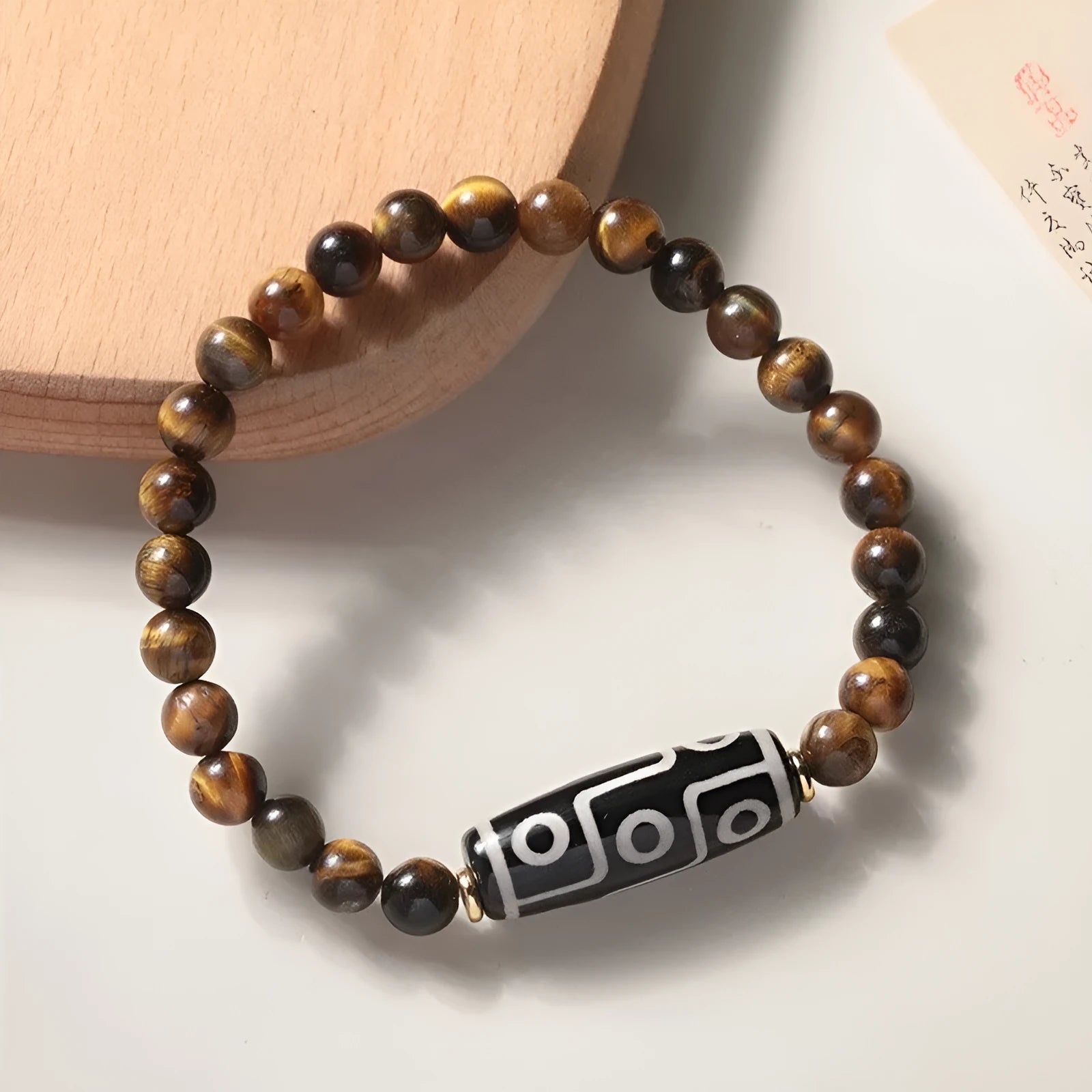 Ethnic tigereye single circle Buddha rosary bracelet showing bead details and spiritual design