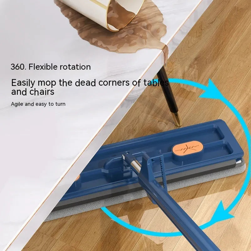 Large blue flat mop with long stainless steel handle and rotating head shown on hard floor
