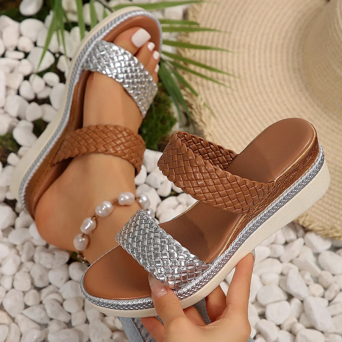 Gold women's wedge sandal with PU upper and rubber sole, shown from the side.