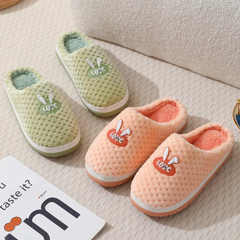 Women's rabbit plaid artificial fur house slippers with a thick rubber non-slip sole in a selection of colours.