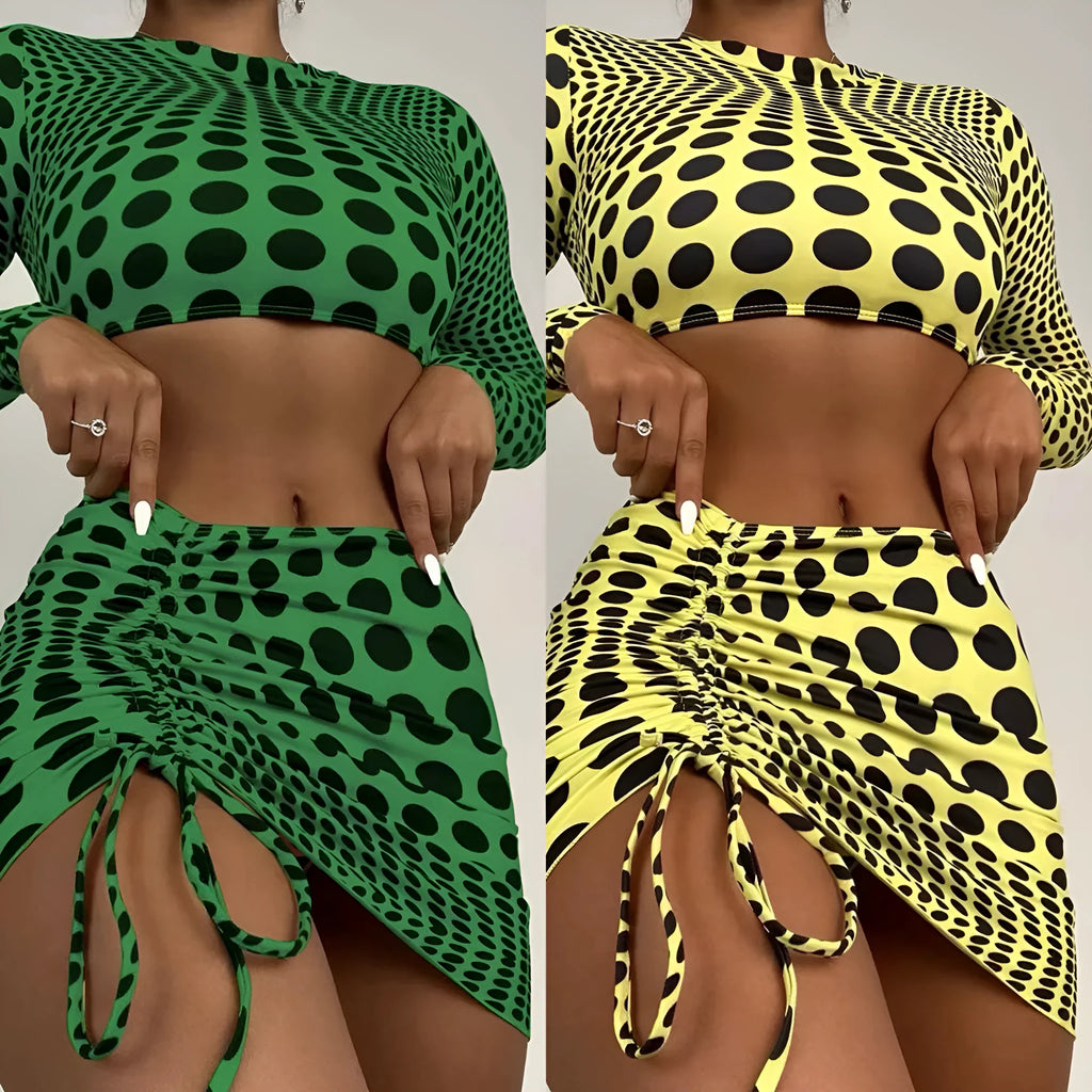 Women's green or yellow polka dot polyester swimsuit three-piece set with swim top, skirt, and bra