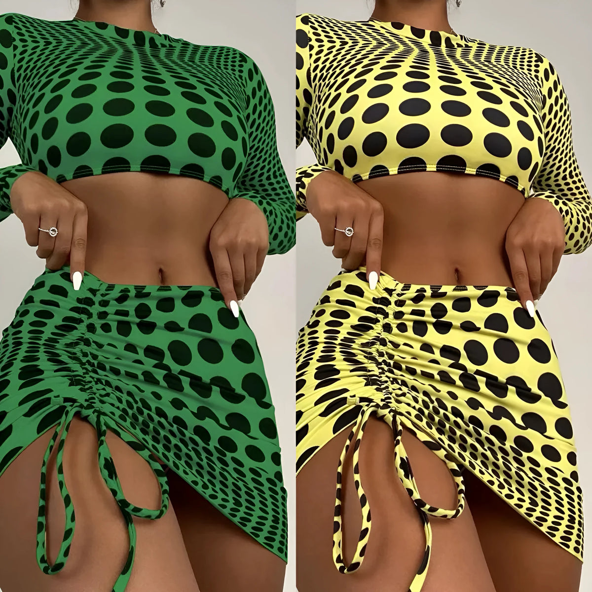 Women's green or yellow polka dot polyester swimsuit three-piece set with swim top, skirt, and bra