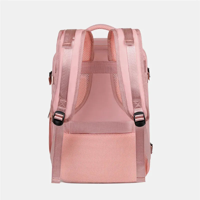Large grey travel backpack with multiple pockets and an air pillow belt, shown open to reveal internal organisation.