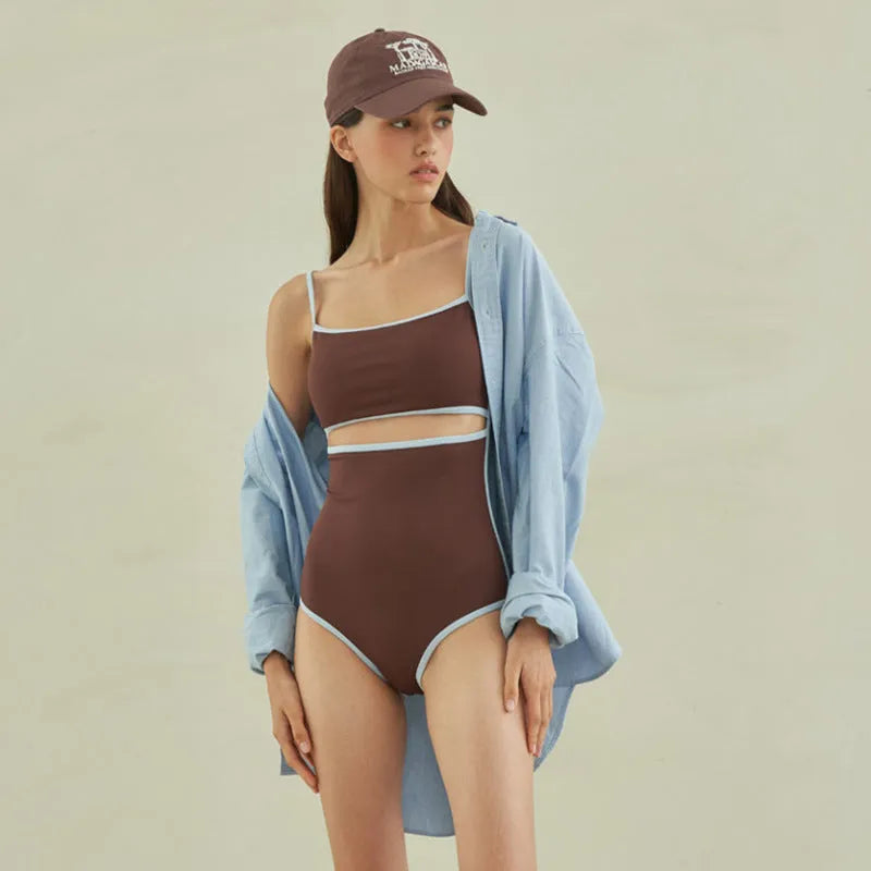 Brown triangle one-piece swimsuit for women made from nylon fabric