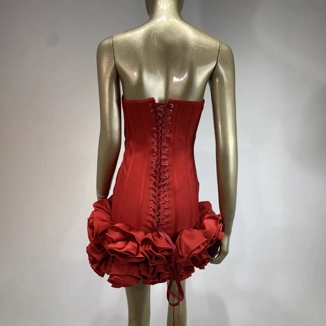 Women's solid red polyester dress with mid waist urban style design on a hanger