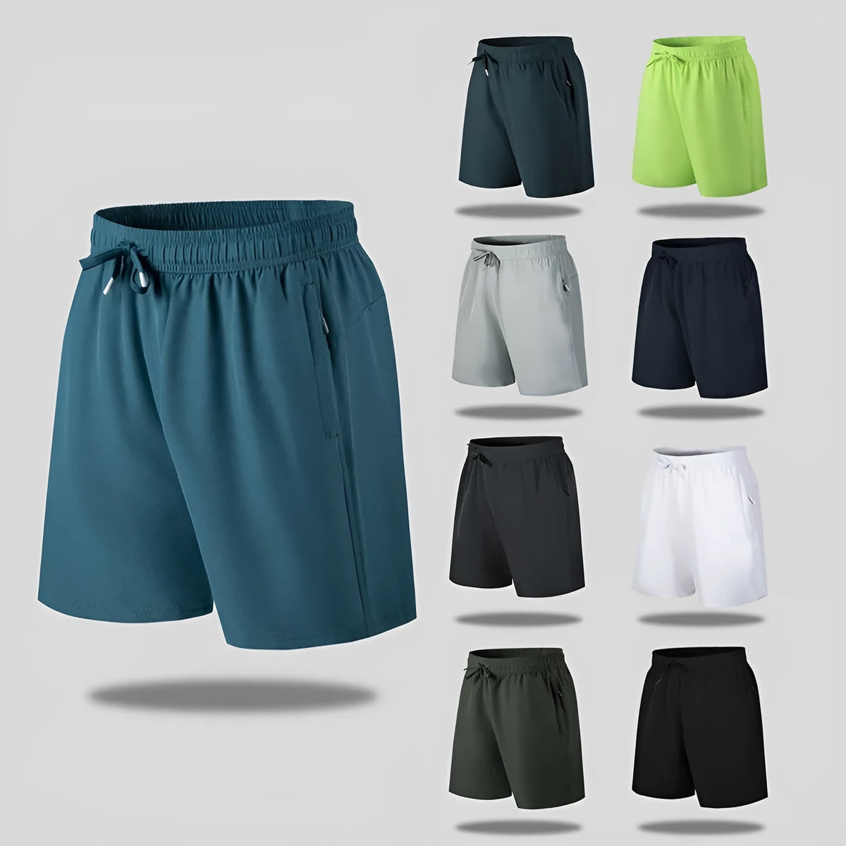 Man wearing loose-fit black quick-dry polyester sports shorts on a beach