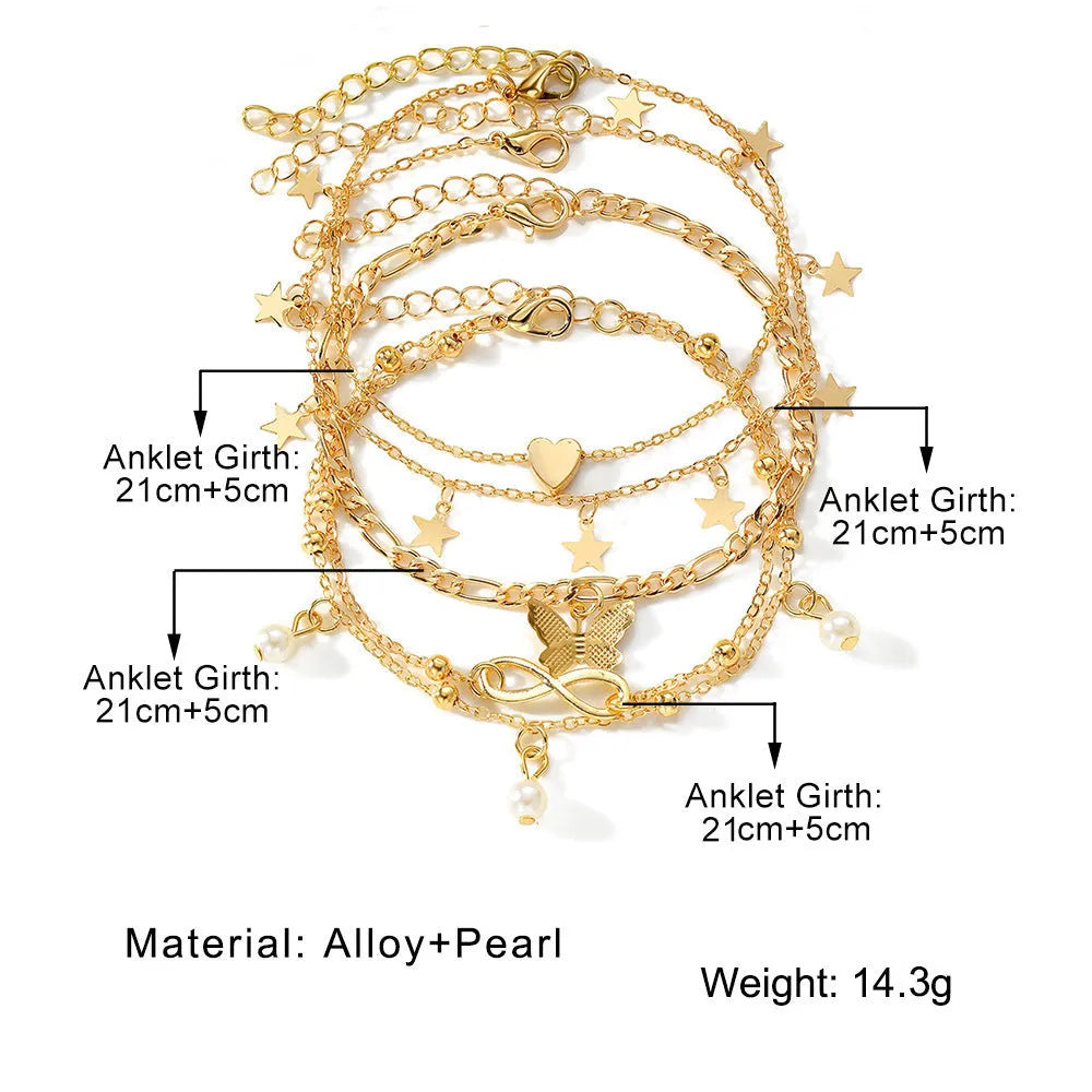 Butterfly love anklet set with four different alloy foot chains featuring heart and pearl charms