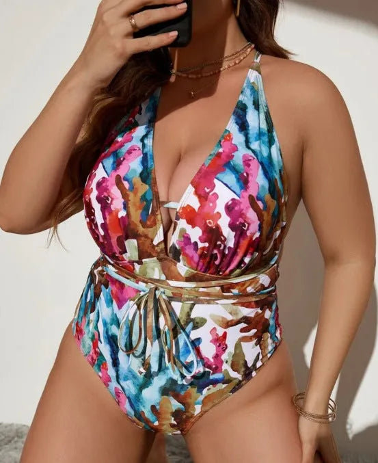 Purple and blue solid colour one-piece halter swimsuit for women in European and American briefs style.