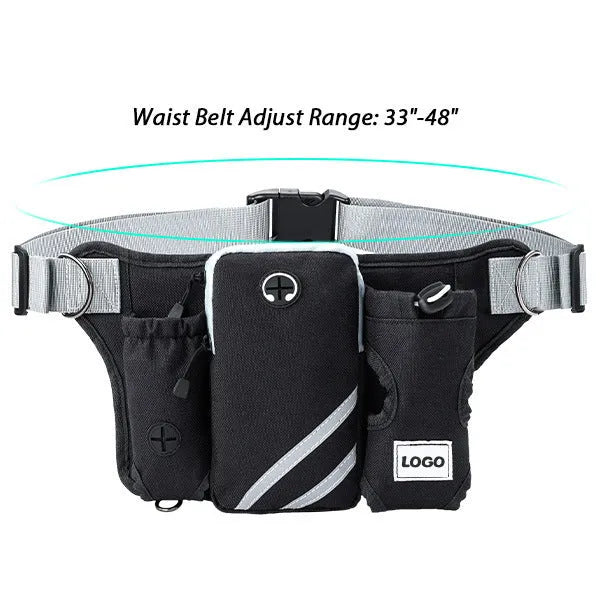 Black nylon outdoor pet training waist bag with attached dog leash and collar set