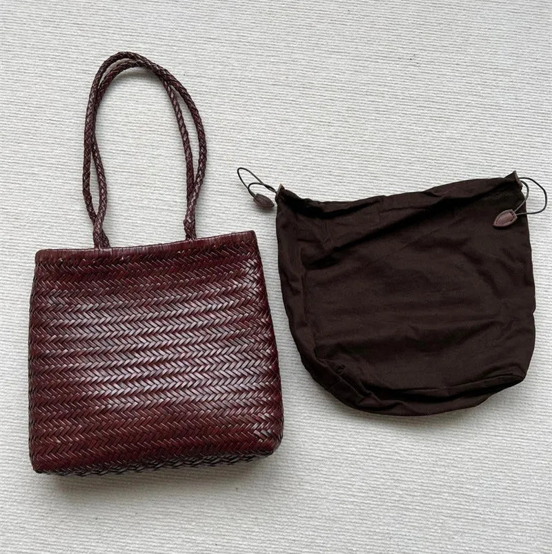 Handmade woven brown leather tote bag with three-dimensional pockets and vintage finish