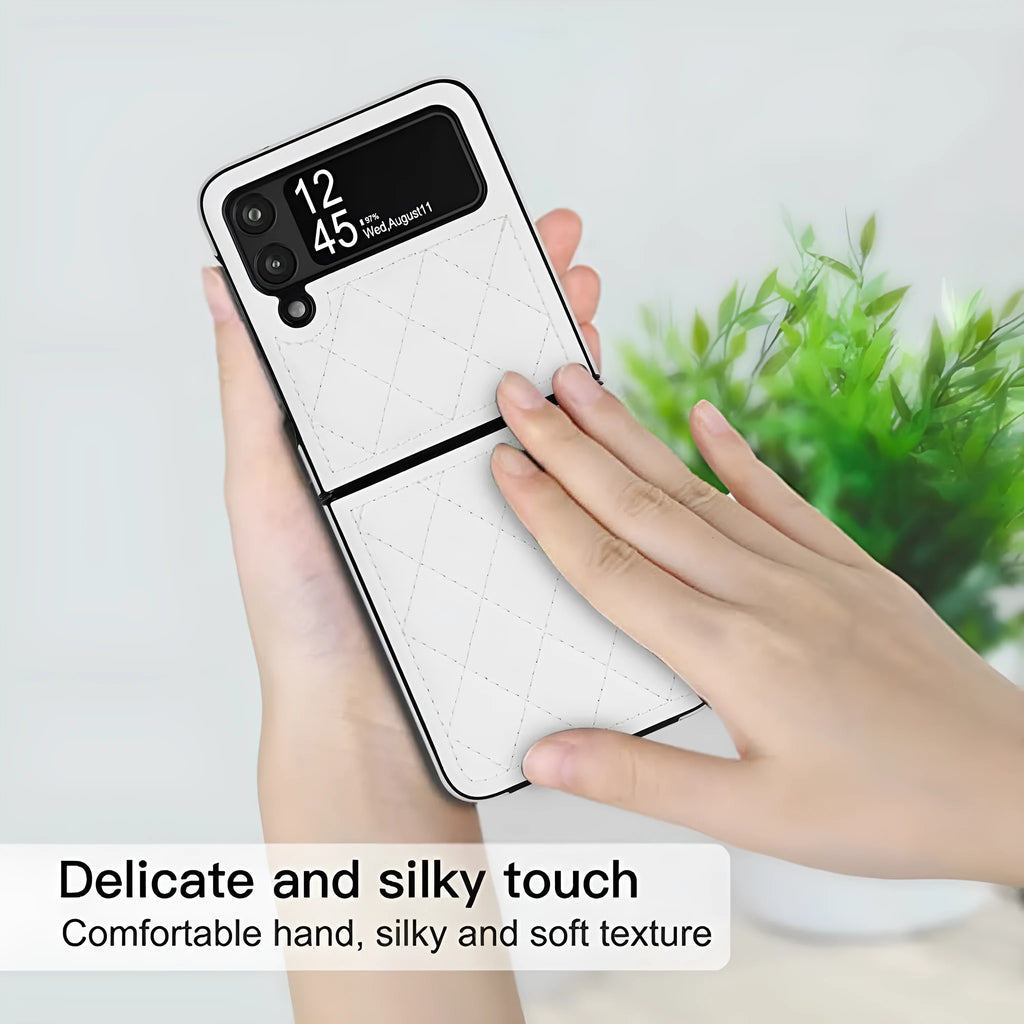 Foldable screen textured lambskin plaid phone case in black for Samsung Z Flip 3 5G and Z Flip 4 with anti-fall protection