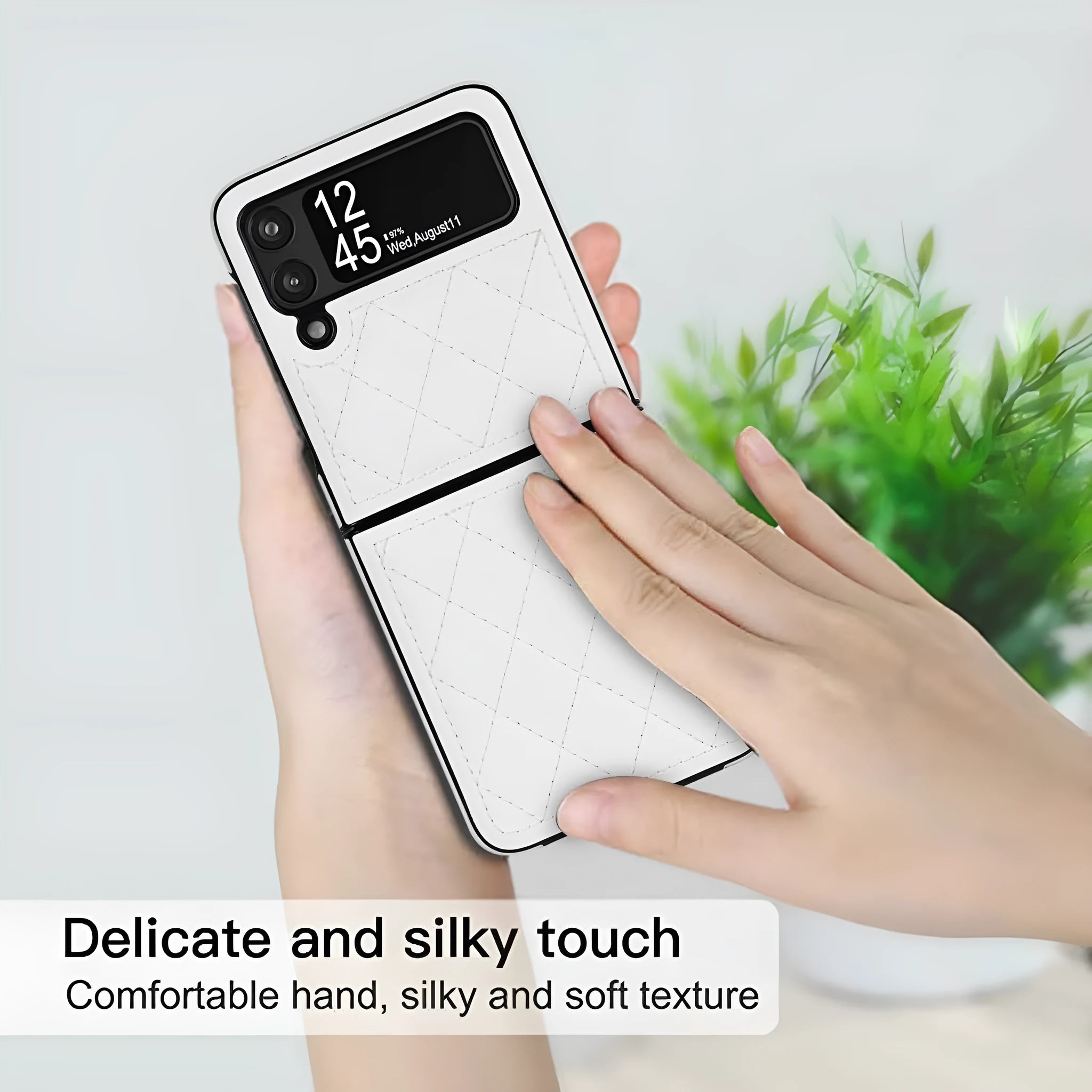 Foldable screen textured lambskin plaid phone case in black for Samsung Z Flip 3 5G and Z Flip 4 with anti-fall protection
