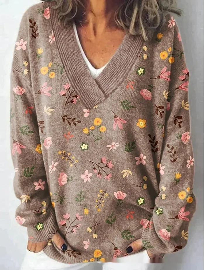 Women's V-neck long sleeve sweatshirt with a detailed 3D floral pattern print in an art retro style.