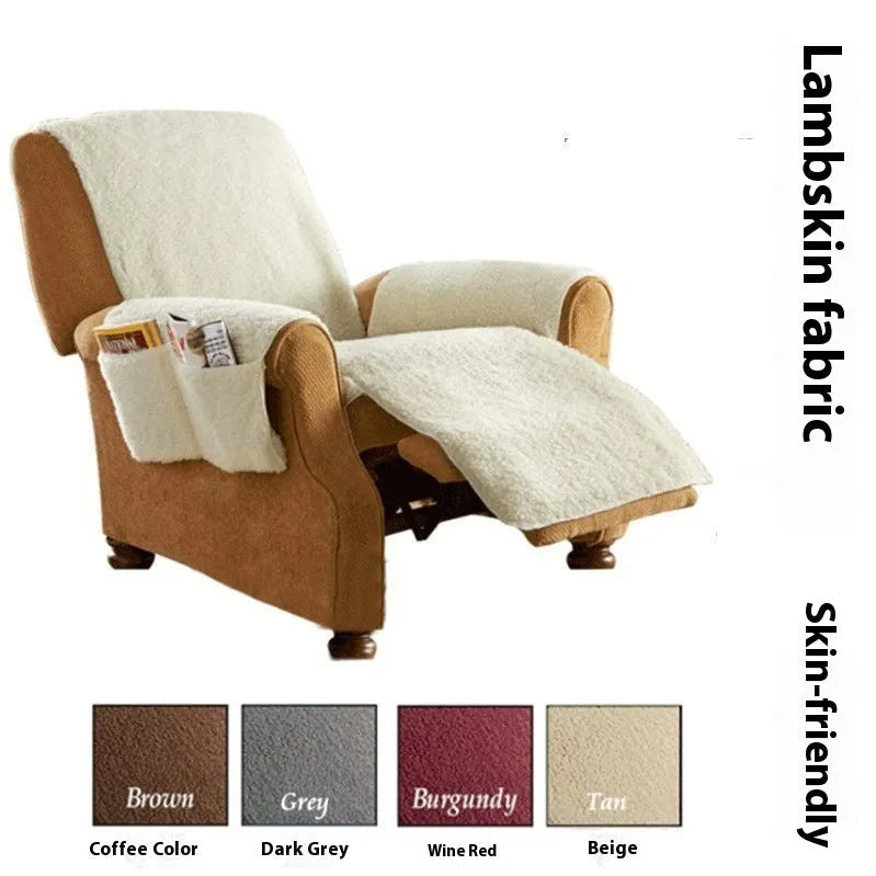 Polyester sofa slipcover in lambswool beige colour on a sofa cushion.