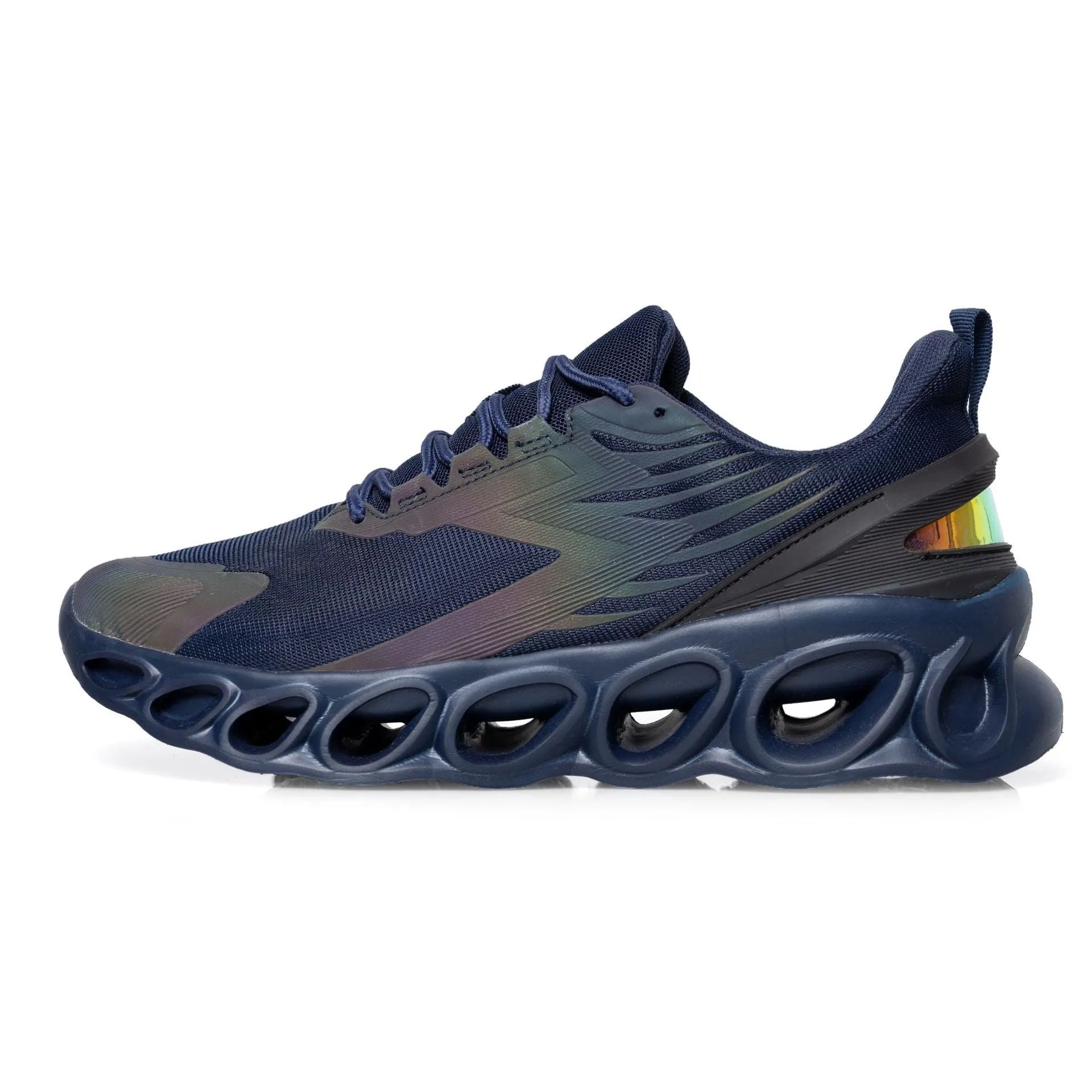 Breathable mesh men's casual sports shoes with lace-up front in black, white, or dark blue colours
